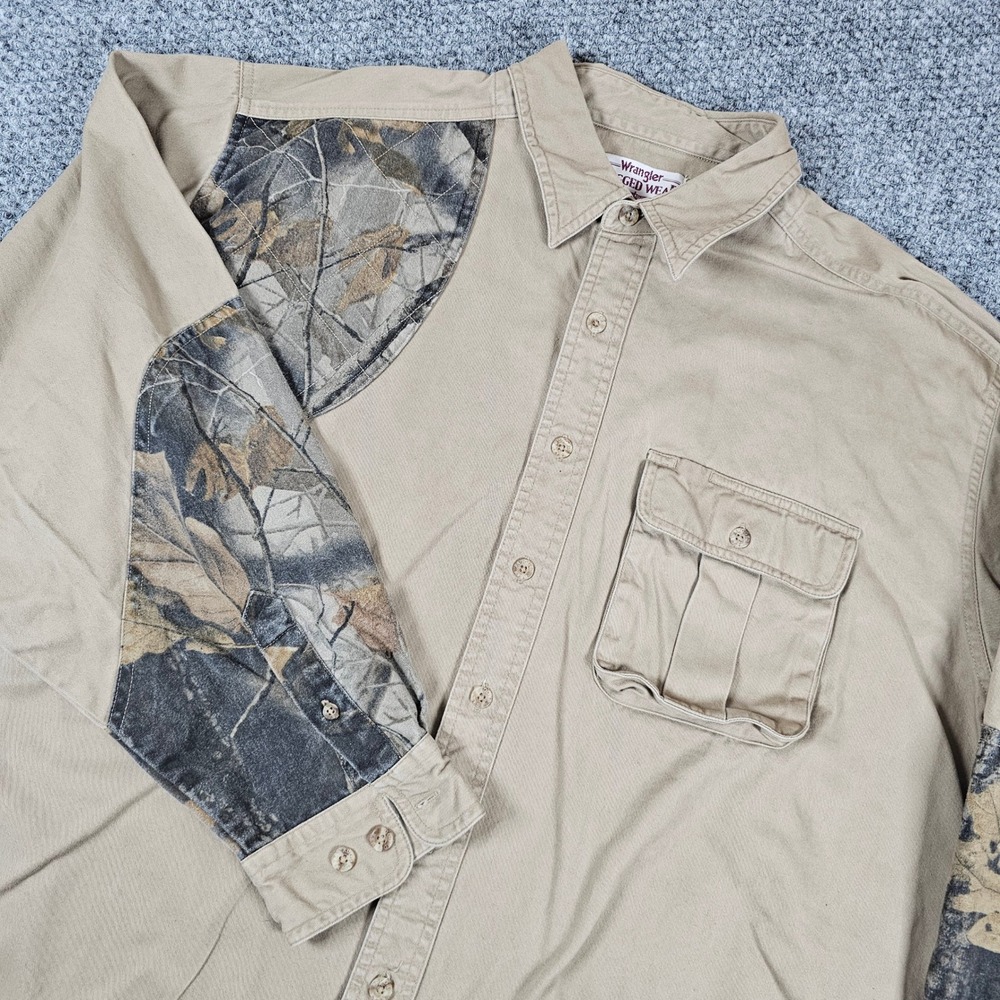 Wrangler Rugged Wear Camo Patch‎ Hunting Long Sleeve Button Up Shirt Mens XXL